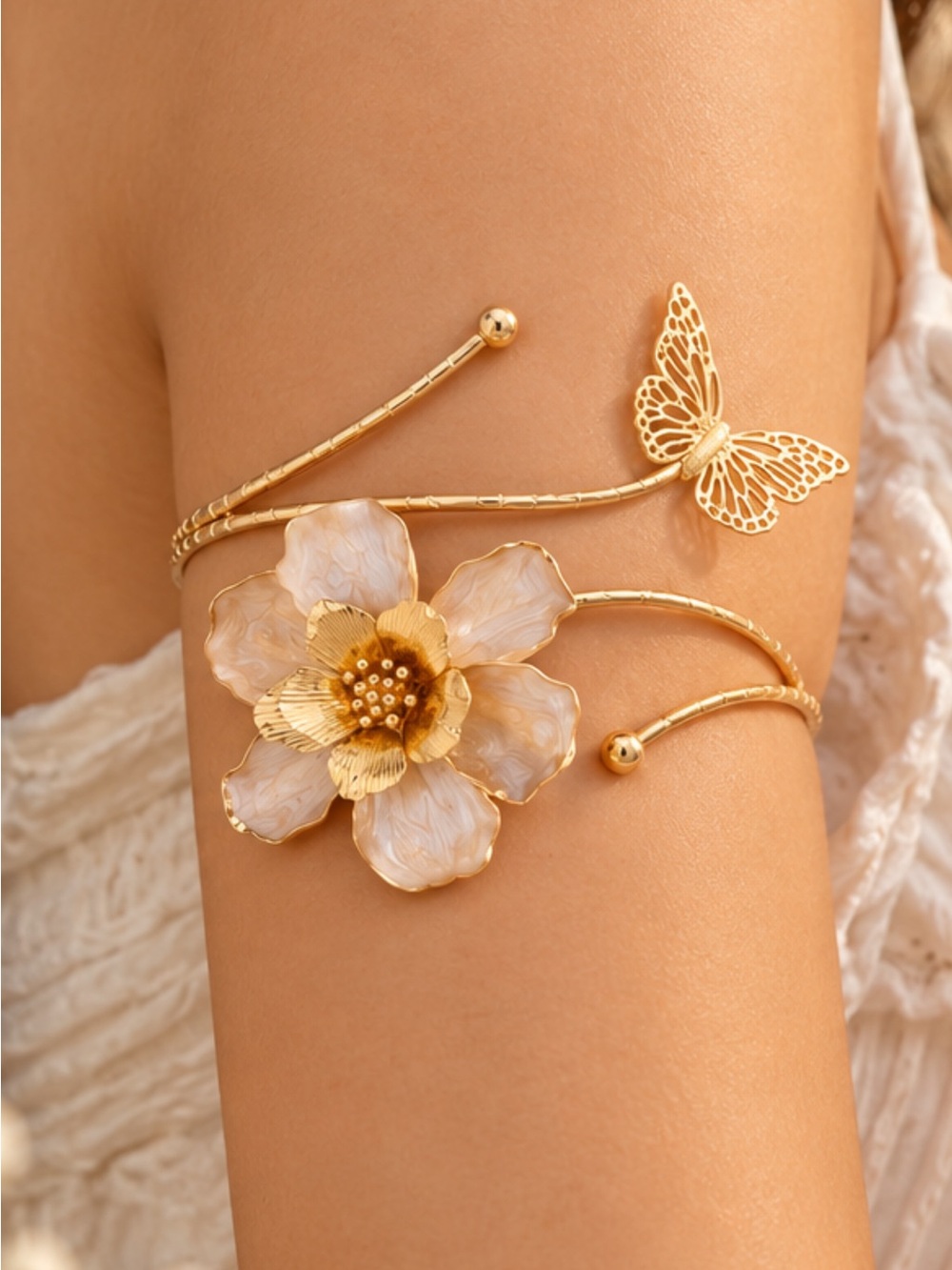 Gold Flower & Butterfly Arm Cuff Bracelet - Women Jewelry